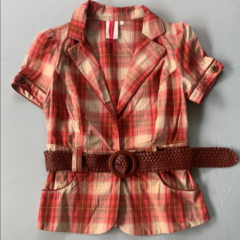 Plaid Blazer with Bold Belt